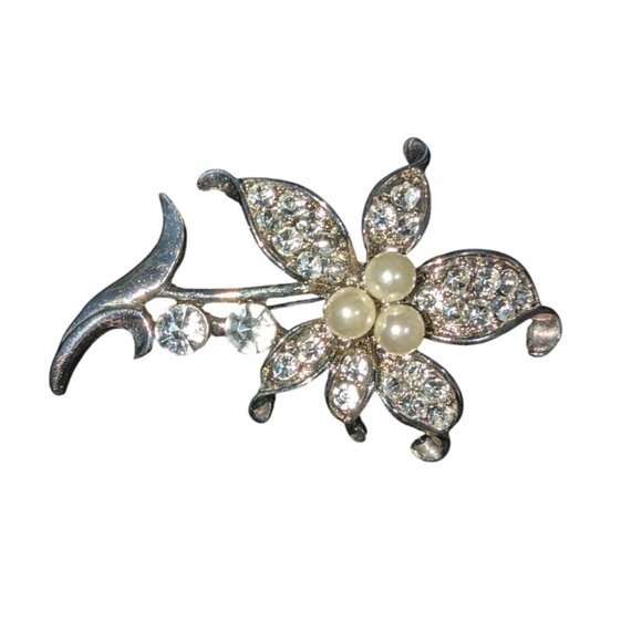 Rhinestone Pearl Floral Silver Tone Brooch Pin Manly Vintage - Picture 5 of 7